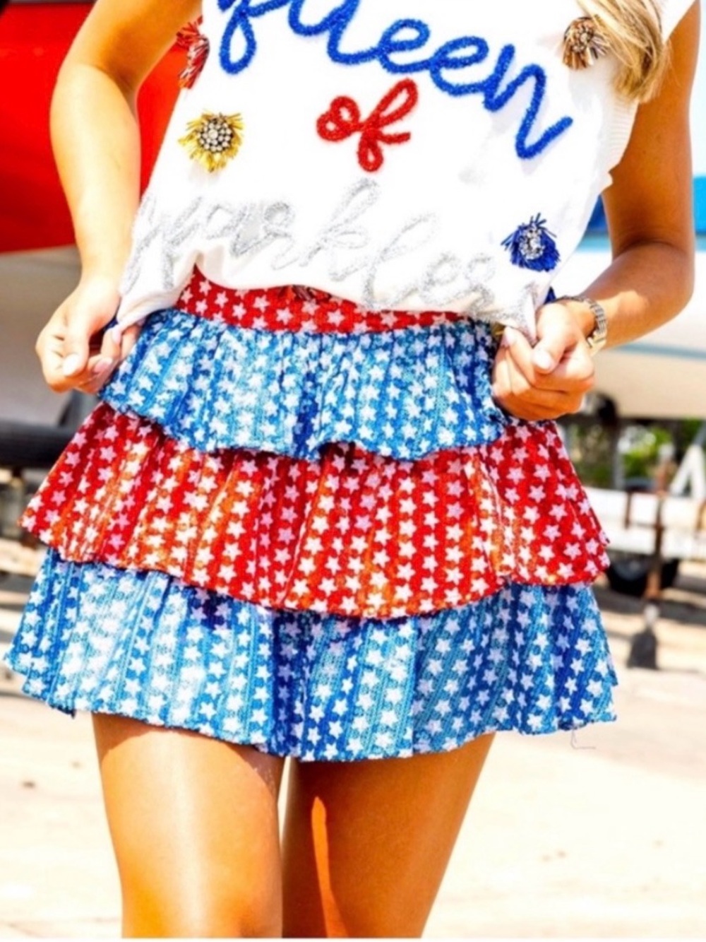 NWT QUEEN OF SPARKLES Red|White|Blue Sequin Star-Print Tiered Skort